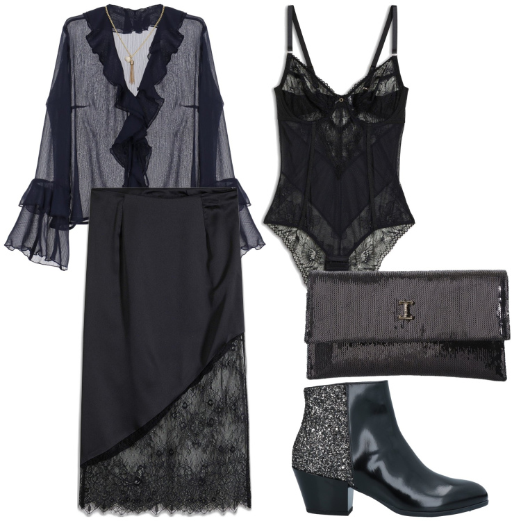 Outfit donna - Nero sexy. Stile Trendy per Serata fuori. Abbinamento con body, gonne longuette, stivaletti, bluse, borse a tracolla.