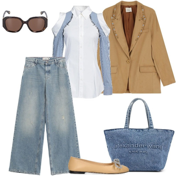 Outfit donna - Suede blazer jean outfits. Stile Trendy per Scuola/Università. Abbinamento con camicie, jeans, blazer, borse a tracolla, occhiali da sole, ballerine.