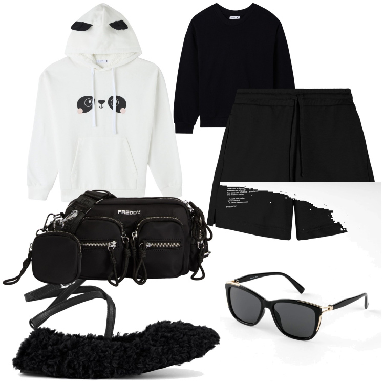 Outfit donna - A casa di amica. Stile Basic per Tutti i giorni. Abbinamento con occhiali da sole, felpe con cappuccio, felpe, borse a tracolla, pantaloni corti, ballerine.