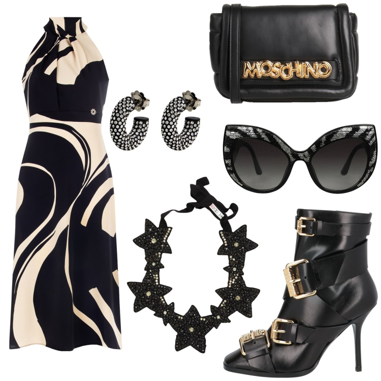 Outfit donna - Total look #2089385. Stile Glamour per Serata fuori. Abbinamento con occhiali da sole, collane, orecchini, borse a tracolla, stivaletti, vestiti midi/longuette.