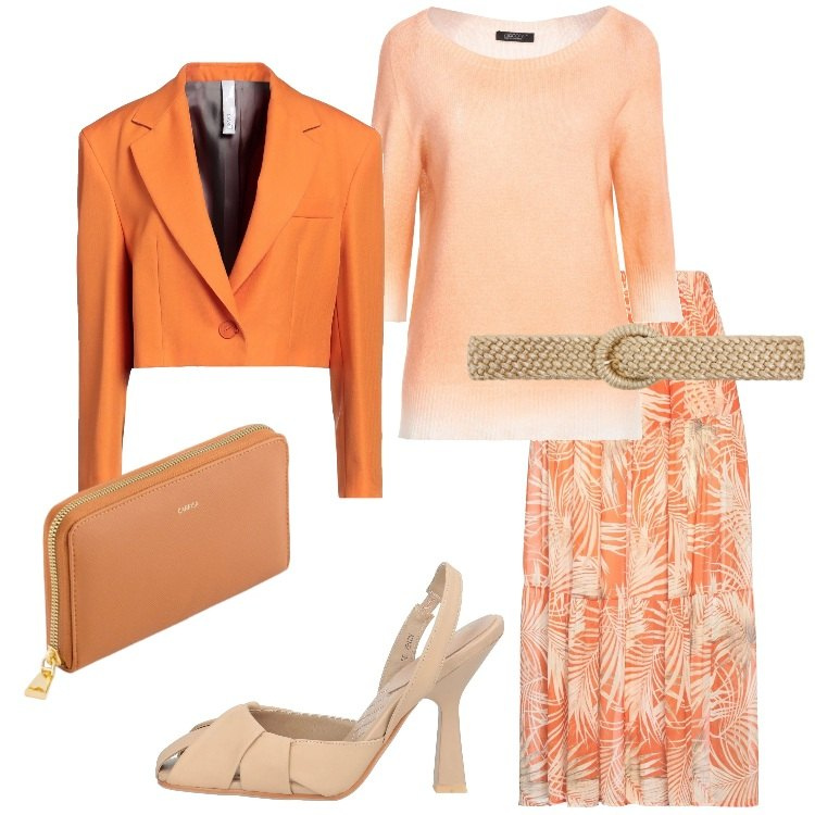 Outfit donna - Orange. Stile Romantica per Serata fuori. Abbinamento con gonne lunghe, décolleté, pullovers, blazer, cinture, portafogli.