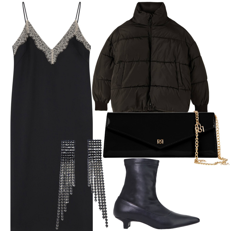 Outfit donna - Elegante e coperta per stasera. Stile Glamour per Serata fuori. Abbinamento con pochette, piumini, vestiti midi/longuette, stivaletti, orecchini.