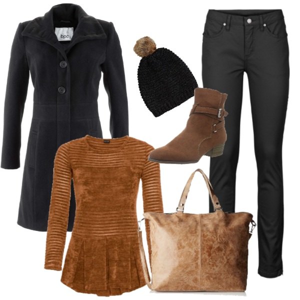 Outfit donna - Pullover in ciniglia. Stile Basic per Tutti i giorni. Abbinamento con jeans, pullover con volant in ciniglia marrone, cappotti, borsa a tracolla beige, stivaletti marrone, cappello taglia unica marrone.