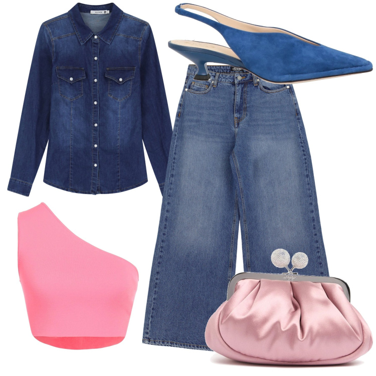Outfit donna - Il jeans più glamour. Stile Glamour per Serata fuori. Abbinamento con décolleté, top, camicie, jeans a zampa, pochette.