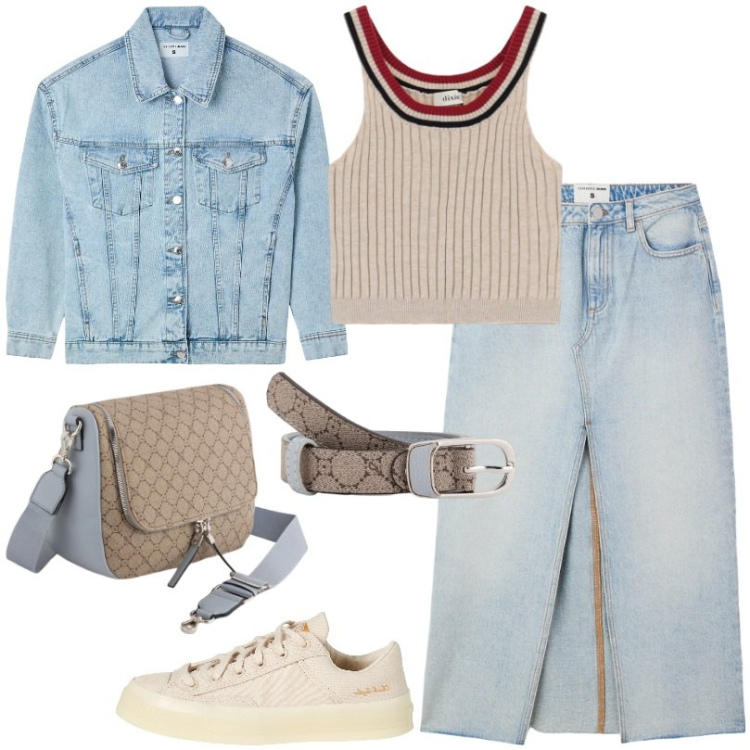 Outfit donna - Gonna e giacca di jeans. Stile Basic per Tutti i giorni. Abbinamento con sneakers, gonne lunghe, cappotti, top, borse a tracolla, cinture.