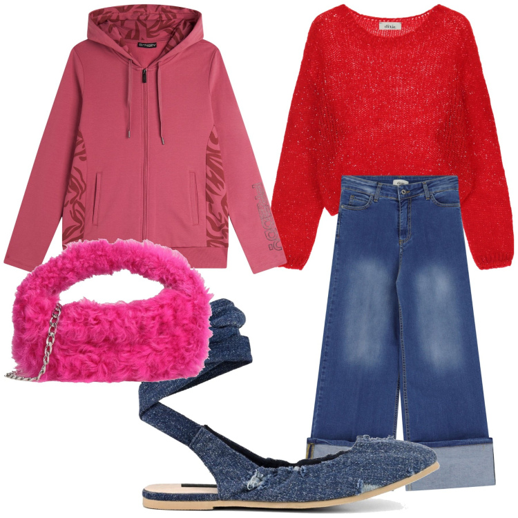 Outfit donna - Vengo a casa tua. Stile Trendy per Tutti i giorni. Abbinamento con borse a mano, felpe con cappuccio, jeans dritti, maglieria, ballerine.