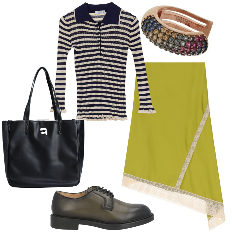 Outfit donna - Oggi ufficio originale. Stile Trendy per Ufficio. Abbinamento con borse a mano, scarpe stringate, maglieria, gonne longuette, orecchini.