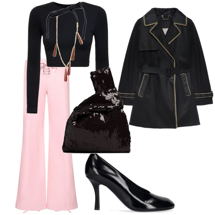Outfit donna - Cena informale. per Serata fuori. Abbinamento con collane, trench, pantaloni, top, décolleté, pochette.
