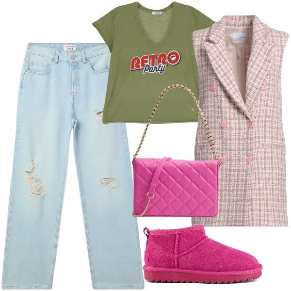 Outfit donna - Retro party. Stile Vintage retrò per Serata fuori. Abbinamento con blazer, jeans strappati, borse a tracolla, t-shirt, stivali.
