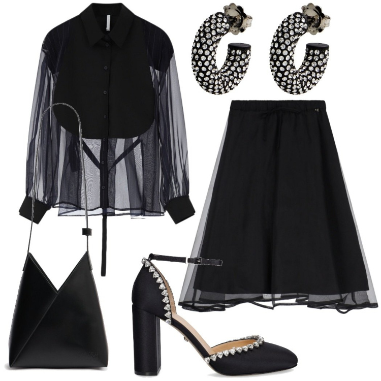Outfit donna - Serata Total black. Stile Glamour per Serata fuori. Abbinamento con orecchini, camicie, gonne longuette, borse a spalla, décolleté.