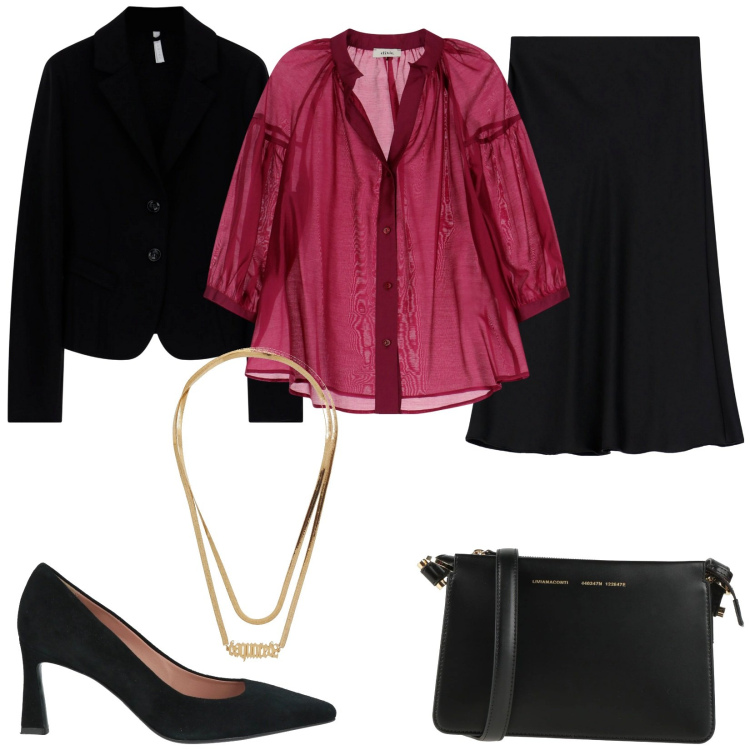 Outfit donna - Una camicia per me. Stile Bon Ton per Ufficio. Abbinamento con borse a tracolla, collane, décolleté, blazer, gonne, camicie.