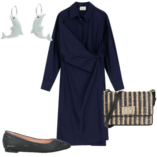 Outfit donna - Delfini. Stile Chic per Tutti i giorni. Abbinamento con orecchini, borse a tracolla, ballerine, vestiti chemisier.