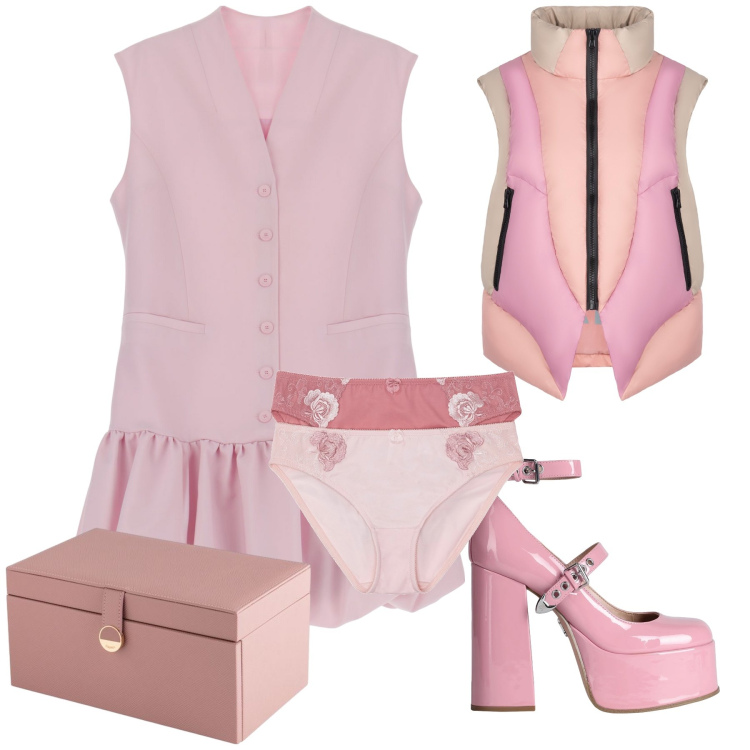 Outfit donna - Il rosa della bella stagione. Stile Romantica per Tutti i giorni. Abbinamento con culotte, décolleté, vestiti corti, piumini, valigie.
