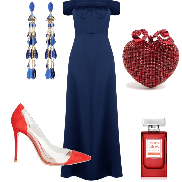 Outfit donna - Premiere. Stile Chic per Serata fuori. Abbinamento con décolleté, vestiti lunghi, profumi, pochette, orecchini.