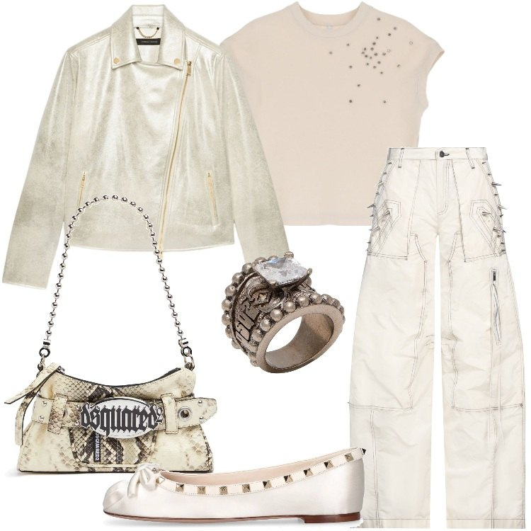 Outfit donna - Rock d\'autore. Stile Rock per Serata fuori. Abbinamento con anelli, pantaloni, t-shirt, blazer, ballerine, pochette.