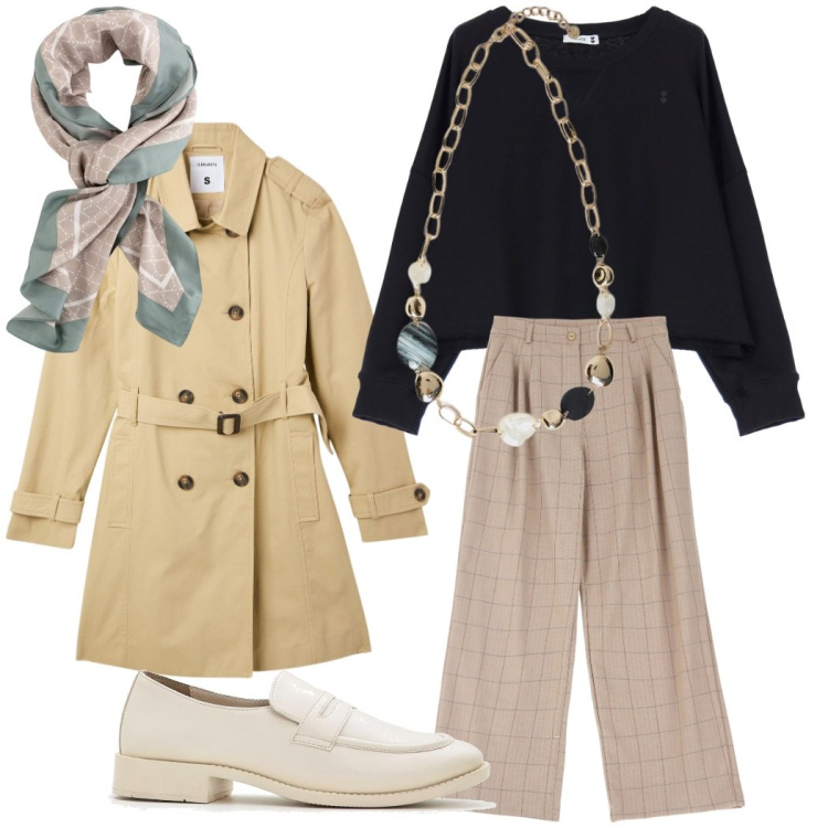 Outfit donna - City. Stile Urban per Tutti i giorni. Abbinamento con mocassini, trench, pantaloni, felpe, collane, foulard.