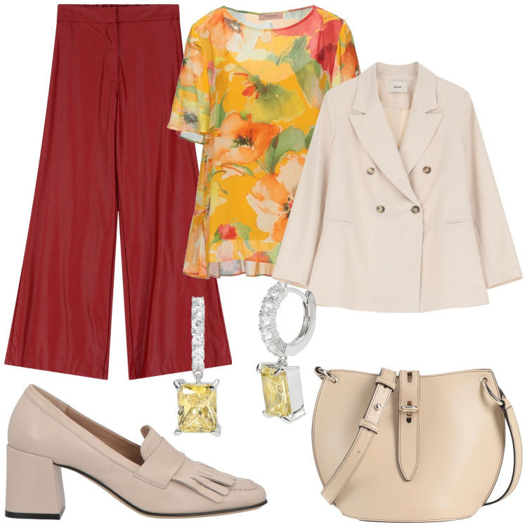 Outfit donna - Elegante in primavera. Stile Chic per Serata fuori. Abbinamento con borse a tracolla, mocassini, top, orecchini, blazer, pantaloni a palazzo.