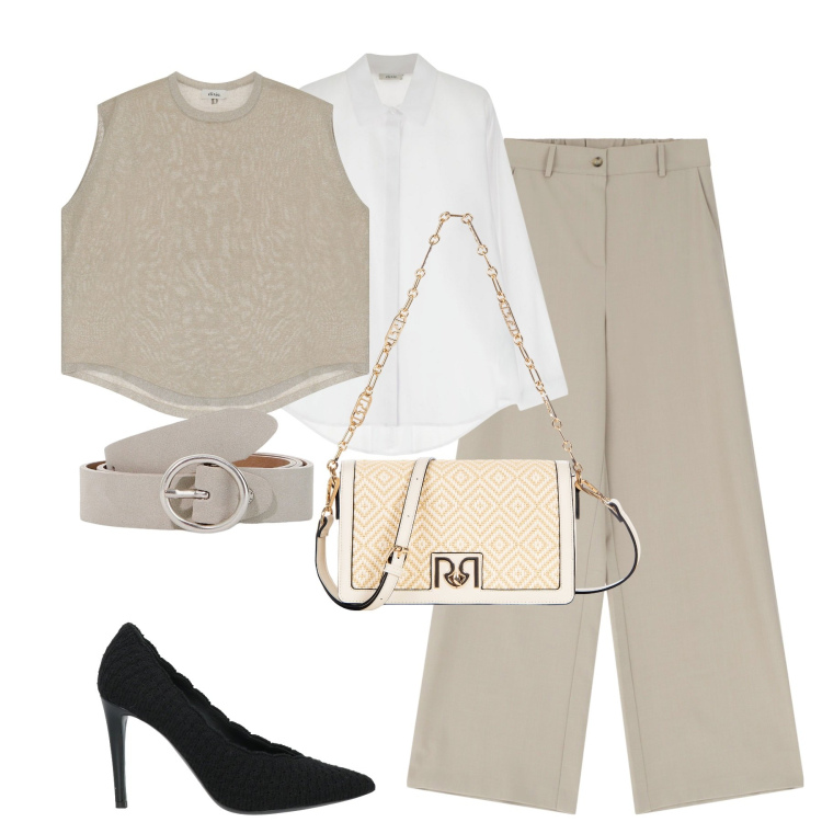 Outfit donna - Total look #2089443. Stile Casual chic per Tutti i giorni. Abbinamento con décolleté, borse a tracolla, pantaloni a palazzo, gilet, cinture, camicie.