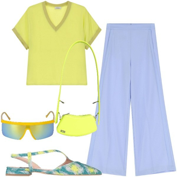 Outfit donna - Ballerine. Stile Chic per Tutti i giorni. Abbinamento con borse a spalla, ballerine, pantaloni a palazzo, maglieria, occhiali da sole.