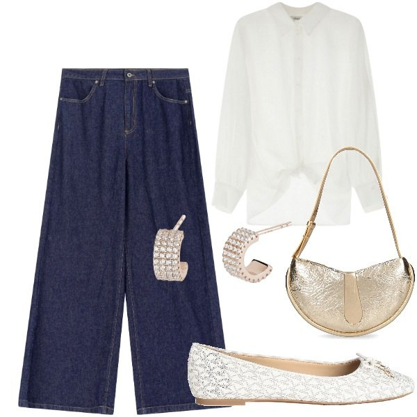 Outfit donna - Ballerine e denim. Stile Chic per Tutti i giorni. Abbinamento con ballerine, orecchini, jeans, camicie, borse a spalla.