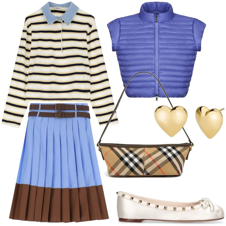 Outfit donna - Preppy urban style. Stile Preppy per Tutti i giorni. Abbinamento con orecchini, gonne, maglieria, blazer, borse a mano, ballerine.