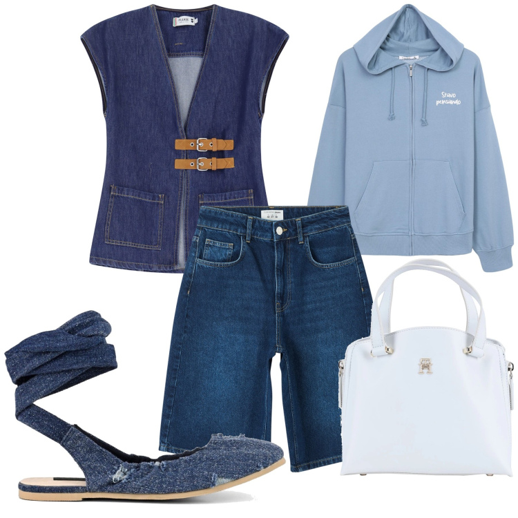 Outfit donna - Total look. Stile Casual chic per Tutti i giorni. Abbinamento con borse a mano, bermuda, felpe con cappuccio, gilet, ballerine.