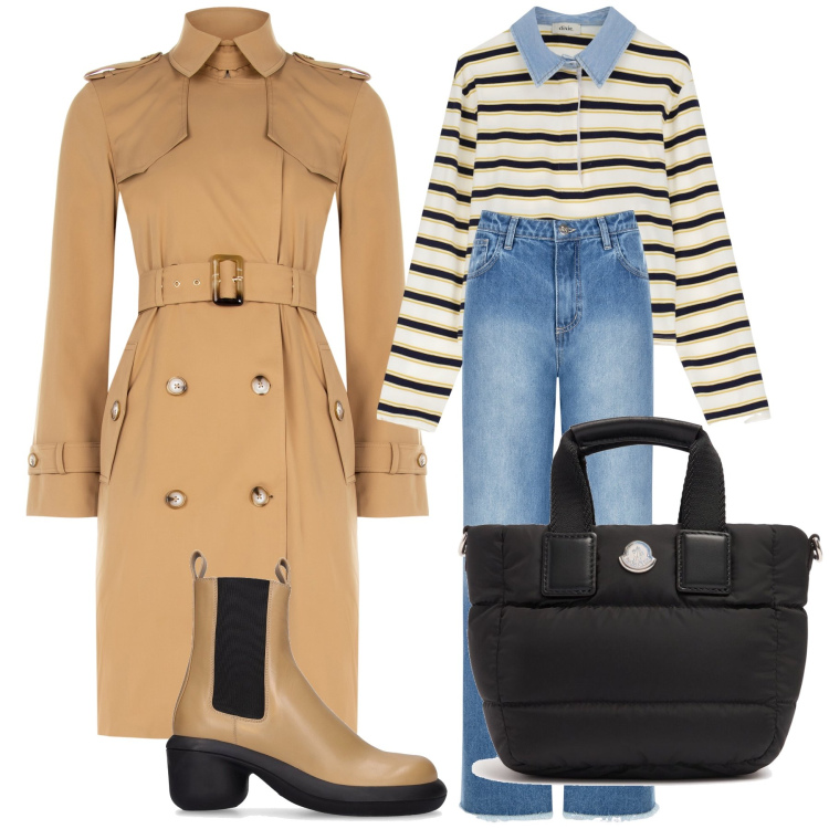 Outfit donna - Il lato piovoso della primavera. Stile Urban per Tutti i giorni. Abbinamento con maglieria, jeans dritti, trench, stivaletti, borse tote.