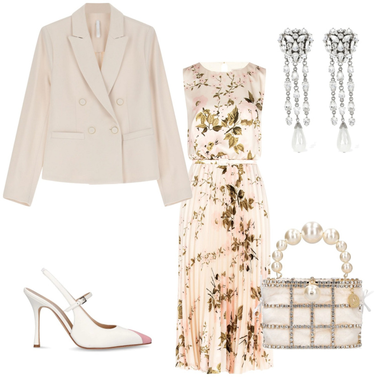 Outfit donna - Cerimonia. Stile Casual chic per Cerimonia. Abbinamento con blazer, vestiti midi/longuette, décolleté, orecchini, pochette.