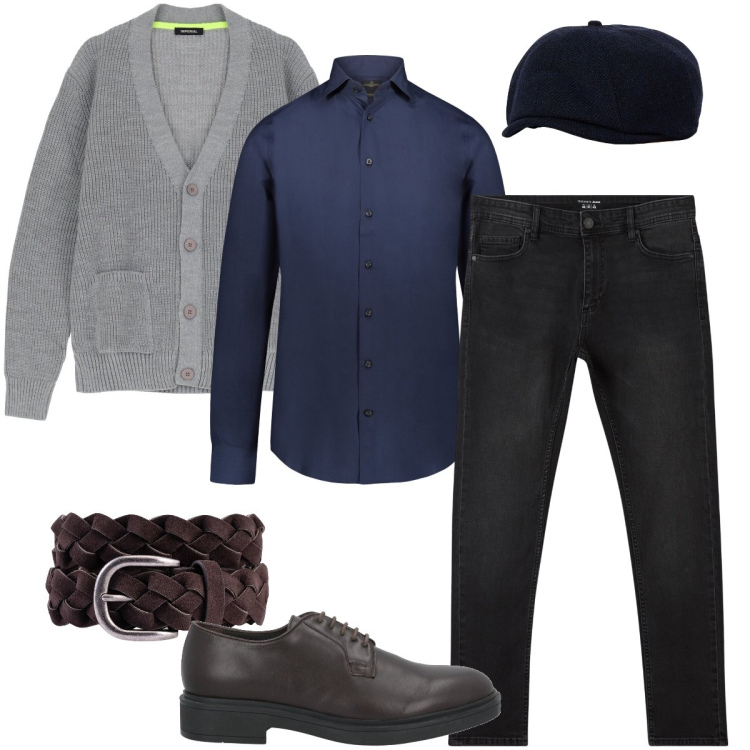 Outfit uomo - La coppola blu. Stile Urban per Tutti i giorni. Abbinamento con scarpe stringate, jeans skinny, cardigans, camicie, cinture, cappelli con visiera.