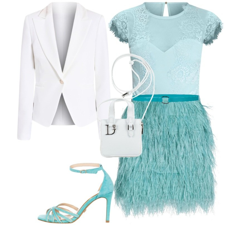 Outfit donna - Sandali effetto Suede Turchese. Stile Trendy per Cerimonia. Abbinamento con minigonne, portafogli, cinture, body, blazer, sandali col tacco.