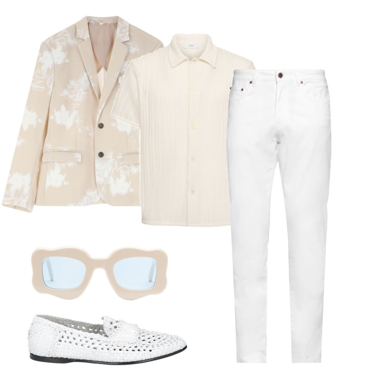 Outfit uomo - Beige e bianco. Stile Trendy per Cerimonia. Abbinamento con pantaloni, scarpe stringate, giacche, occhiali da sole, camicie.