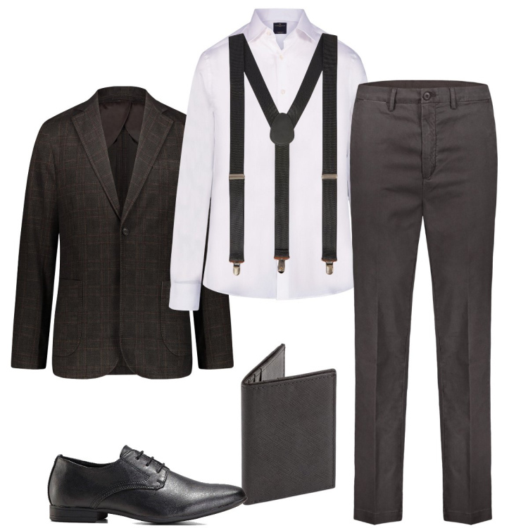 Outfit uomo - Con le bretelle. Stile Business/Elegante per Cerimonia. Abbinamento con scarpe stringate, giacche, bretelle, camicie, pantaloni, portafogli.