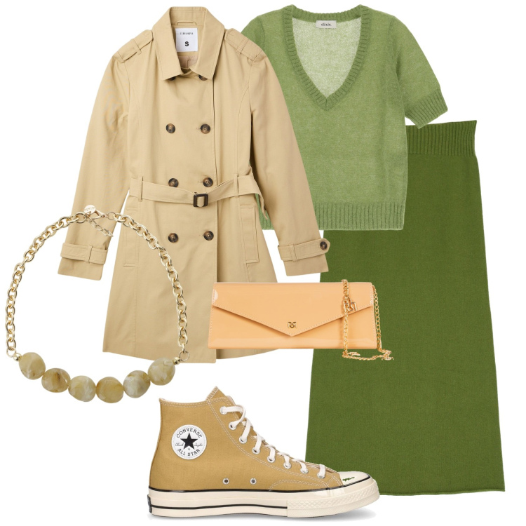 Outfit donna - Completo verde brillante in maglia. Stile Casual chic per Tutti i giorni. Abbinamento con gonne longuette, maglieria, collane, trench, pochette, sneakers.