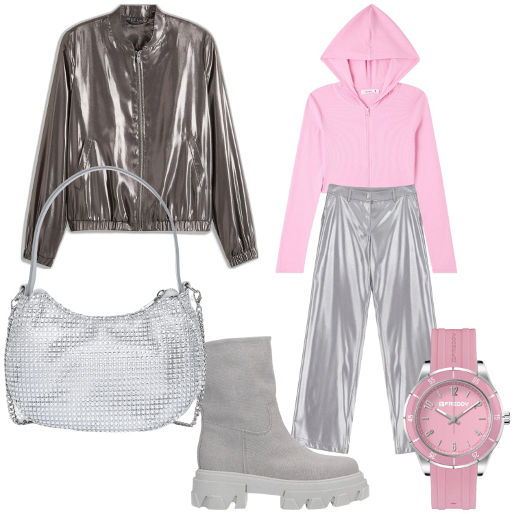Outfit donna - Total look. Stile Glamour per Tutti i giorni. Abbinamento con bomber, stivaletti, cardigans, borse a spalla, pantaloni, orologi.