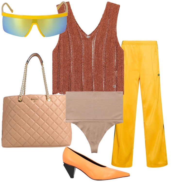 Outfit donna - Sole di primavera. Stile Trendy per Tutti i giorni. Abbinamento con décolleté, borse a mano, perizomi, top, occhiali da sole, pantaloni.