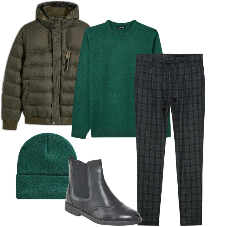 Outfit uomo - Maglia e berretto abbinati. Stile Urban per Ufficio. Abbinamento con giacche, stivali e stivaletti, maglieria, berretti, pantaloni.