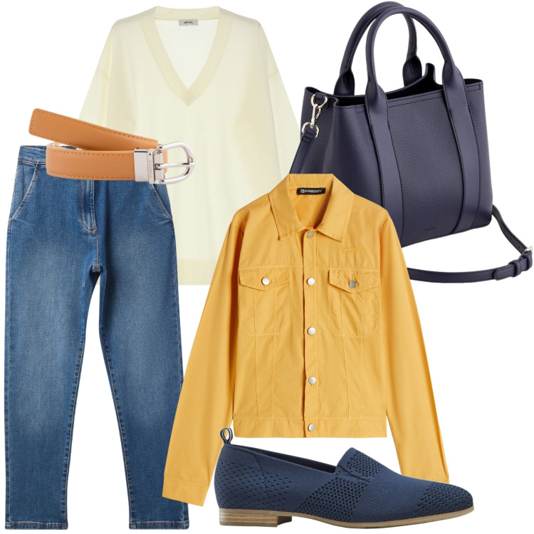 Outfit donna - Primavera in denim. Stile Casual chic per Ufficio. Abbinamento con mocassini, jeans skinny, maglieria, blazer, borse a mano, cinture.