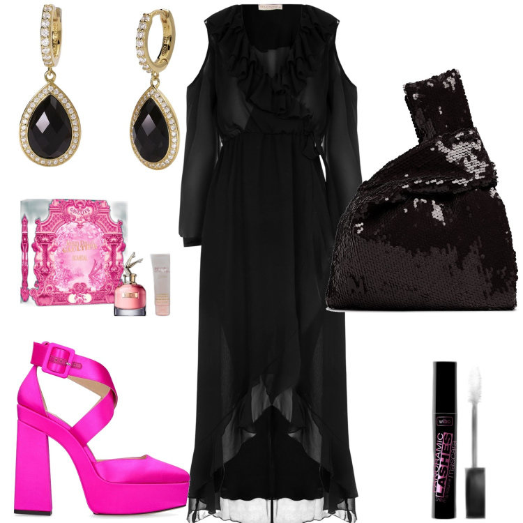 Outfit donna - Abito davvero spettacolare. Stile Glamour per Serata fuori. Abbinamento con profumi, mascara, orecchini, vestiti lunghi, pochette, décolleté.