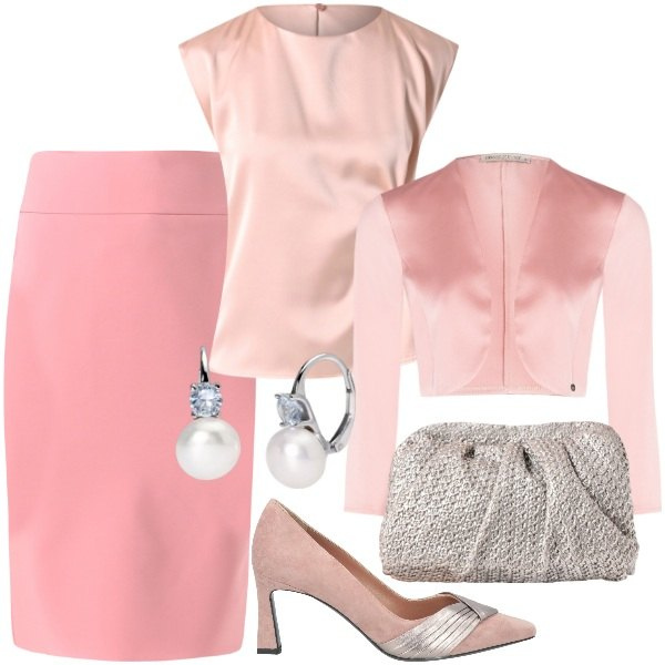 Outfit donna - Cerimonia ad aprile. Stile Bon Ton per Cerimonia. Abbinamento con décolleté, top, gonne, bolero, clutch, orecchini.