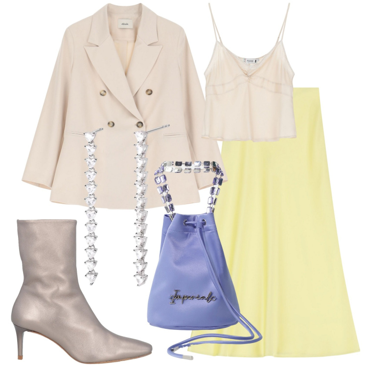 Outfit donna - Colori sorbetto. Stile Casual chic per Tutti i giorni. Abbinamento con stivaletti, orecchini, top, gonne lunghe, borse a secchiello, blazer.