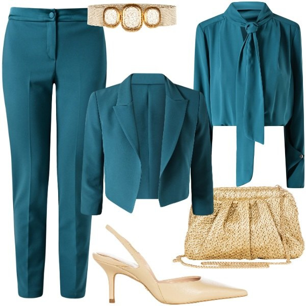 Outfit donna - Eleganza color petrolio. Stile Vintage retrò per Cerimonia. Abbinamento con pantaloni, blazer, décolleté, bluse, clutch, cinture.