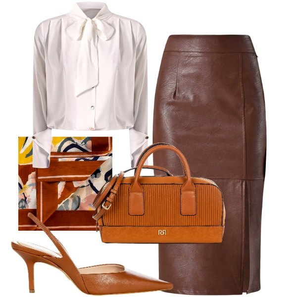 Outfit donna - Primavera Rinascimento. Stile Chic per Ufficio. Abbinamento con gonne longuette, bluse, décolleté, borse a mano, foulard.