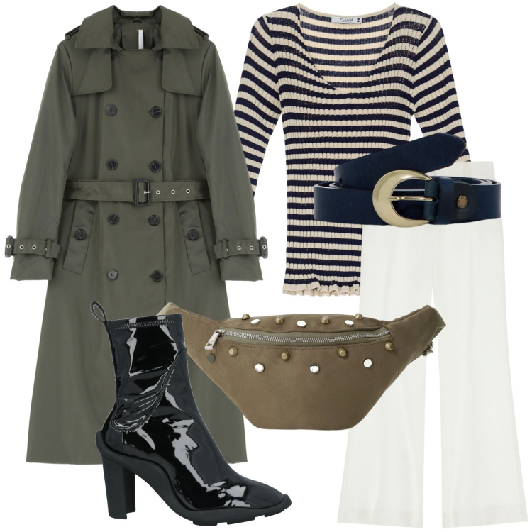 Outfit donna - Il ritorno del trench. Stile Glamour per Tutti i giorni. Abbinamento con stivaletti, pullovers, pantaloni, trench, marsupi, cinture.