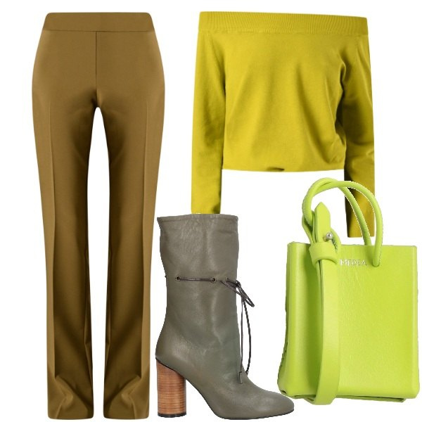 Outfit donna - Sfumature primaverili. Stile Casual chic per Tutti i giorni. Abbinamento con stivaletti, borse a spalla, maglieria, pantaloni.