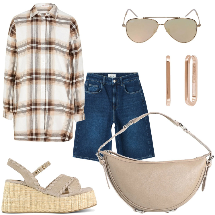 Outfit donna - Passeggiata in città. Stile Casual per Tutti i giorni. Abbinamento con camicie, borse a mano, bermuda, orecchini, zeppe, occhiali da sole.