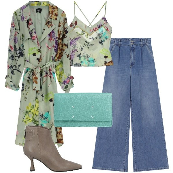 Outfit donna - Profumo di fiori. Stile Trendy per Serata fuori. Abbinamento con stivaletti, borse a mano, jeans, trench, canottiere.