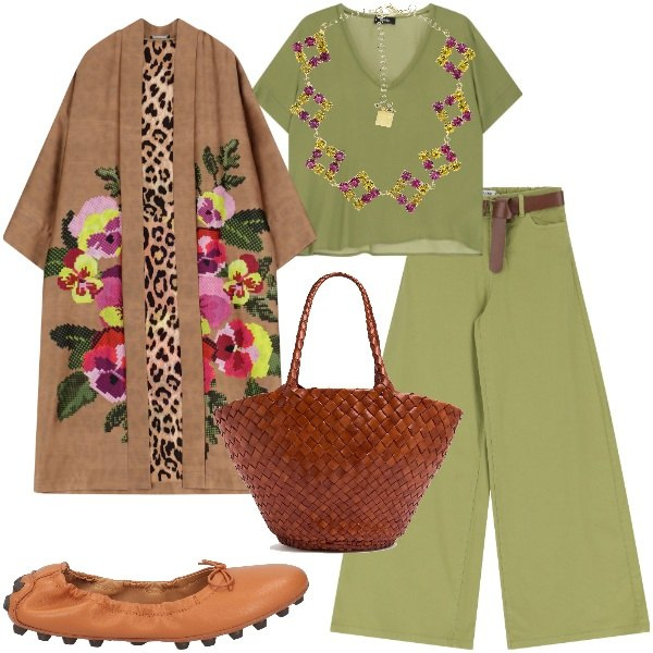 Outfit donna - Libera. Stile Etnico per Tutti i giorni. Abbinamento con ballerine, pantaloni, t-shirt, trench, collane, shopping bag.