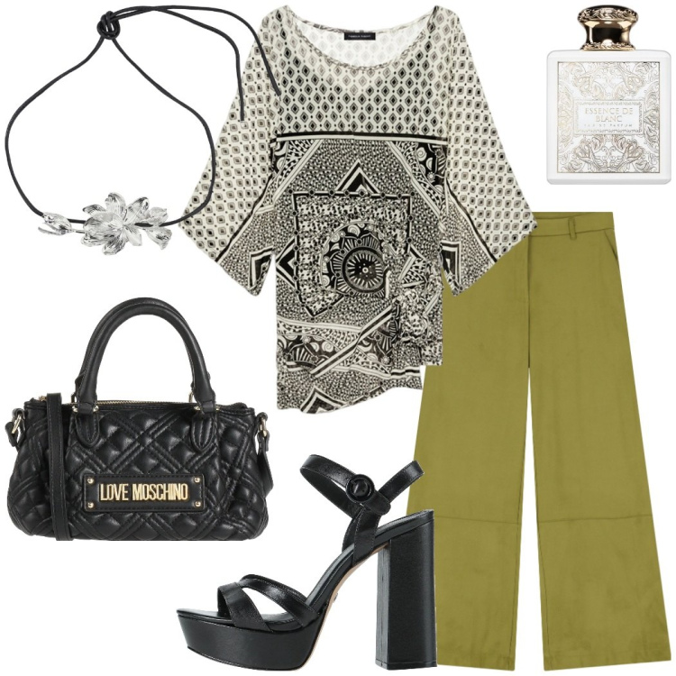 Outfit donna - Urban style. Stile Chic per Serata fuori. Abbinamento con borse a mano, sandali in pelle, profumi, pantaloni a palazzo, collane, t-shirt.