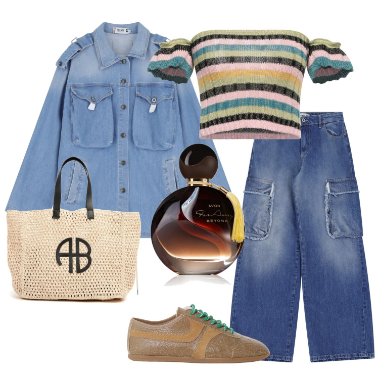 Outfit donna - Denim , righe e paglia. Stile Casual per Tutti i giorni. Abbinamento con top, profumi, jeans, blazer, sneakers, shopping bag.