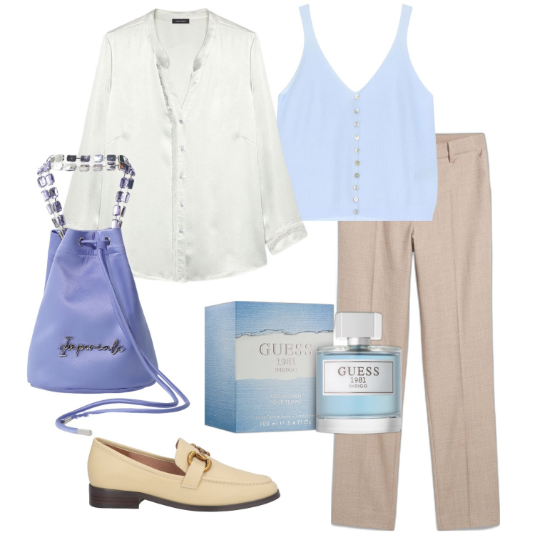 Outfit donna - Toni di lilla. Stile Bon Ton per Tutti i giorni. Abbinamento con pantaloni, mocassini, profumi, borse a secchiello, top, camicie.